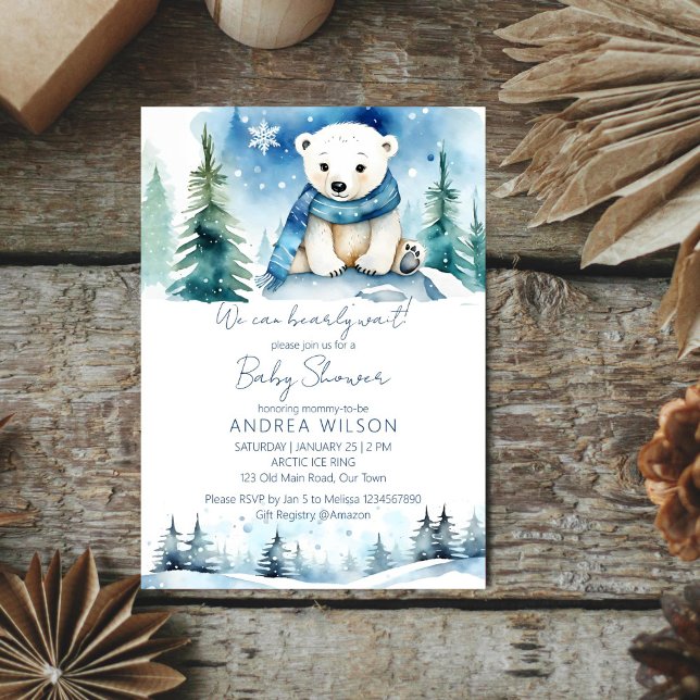 Convites Chá de fraldas de espera do urso polar (Polar bear winter bearly wait baby shower editable template  invitation digital download cute pines)