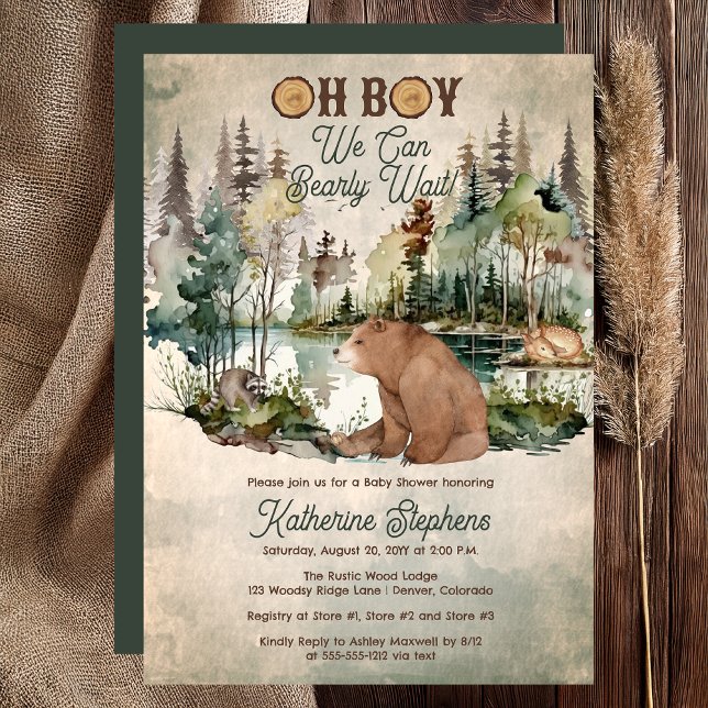 Convites Chá de fraldas de Espera Russo do Garoto Bearle ("Oh Boy We Can Bearly Wait!" Rustic Woodland Bear Forest Animals Baby Shower Invitation - Print Digi)