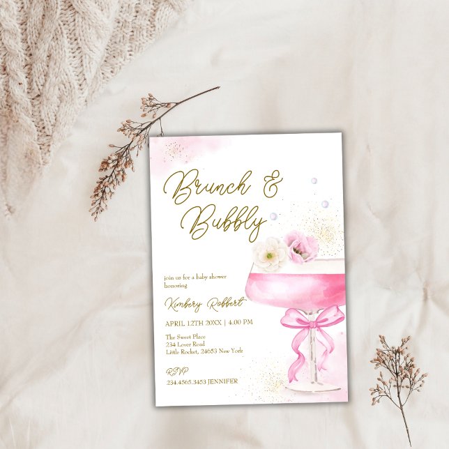 Convites Chá de fraldas de espuma de champanhe rosa Brunch (Pink Floral Champagne Brunch Bubbly Baby Shower Invitation)
