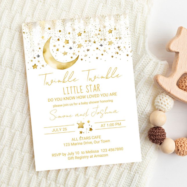Convites Chá de fraldas de estrela giratória (Twinkle twinkle little star baby shower template invitation digital download white and gold moon)