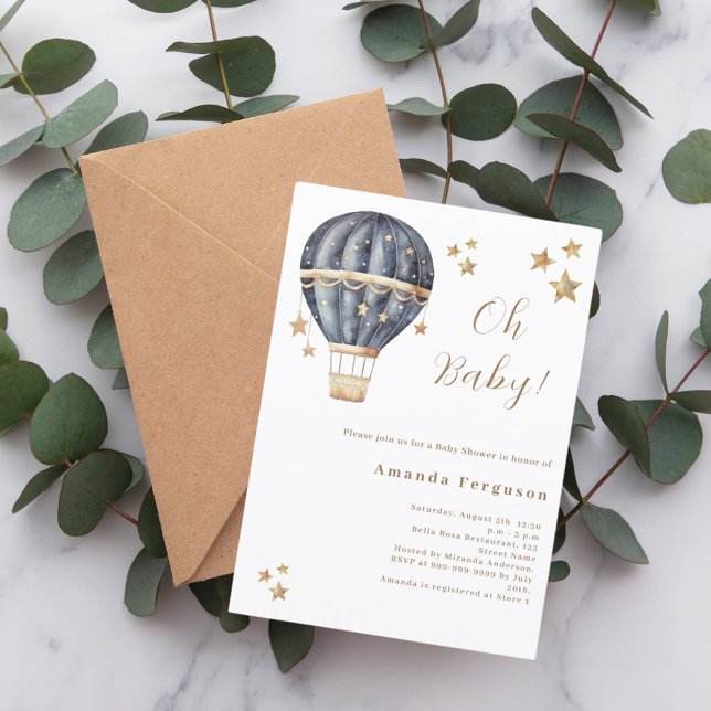 Convites Chá de fraldas de estrelas azuis do balão de ar qu (Criador carregado)