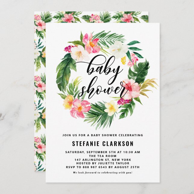 Convites Chá de fraldas de exaustão de flores tropicais de  (Frente/Verso)