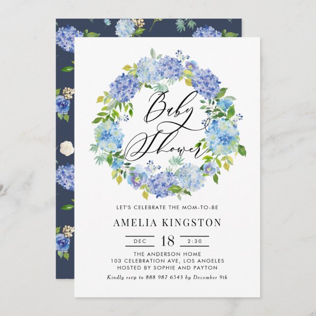 Convites Chá de fraldas de Excursão de Hydrangea Blue Water (Frente/Verso)