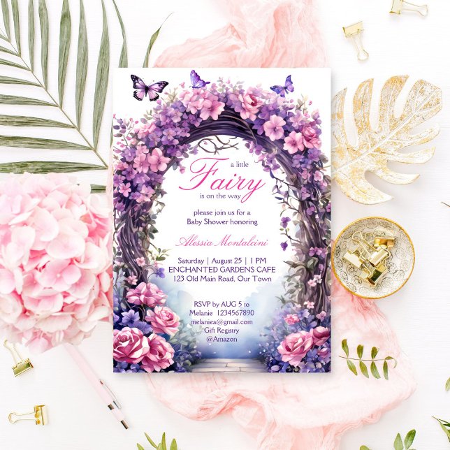 Convites Chá de fraldas de fada de jardim encantado (Purple enchanted garden fairy baby shower invitation editable template instant download fairycore)