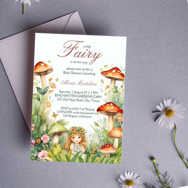 Convites Chá de fraldas de fada de jardim entonado (Enchanted garden cute fairy baby shower invitation editable template download forest mushrooms)