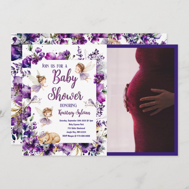 Convites Chá de fraldas de fada roxa (Frente/Verso)