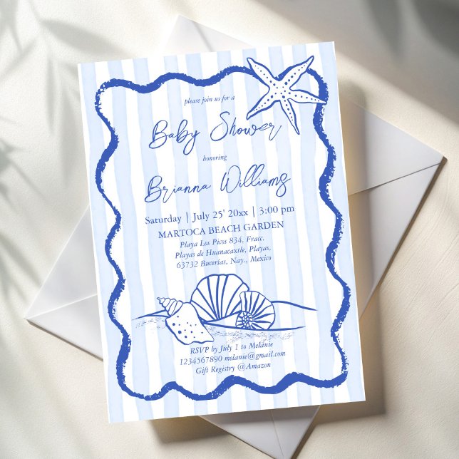Convites Chá de fraldas de faixas azuis de borda ondulada (Seashells wavy border blue stripes beach nautical baby shower invitation template)