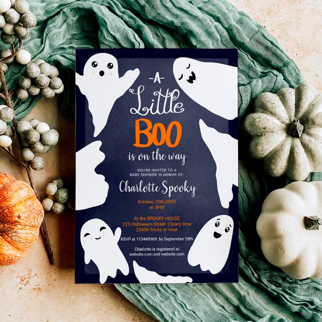 Convites Chá de fraldas de fantasmas do Dia das Bruxas Azul (Blue Halloween little boo ghosts baby shower Invitation)