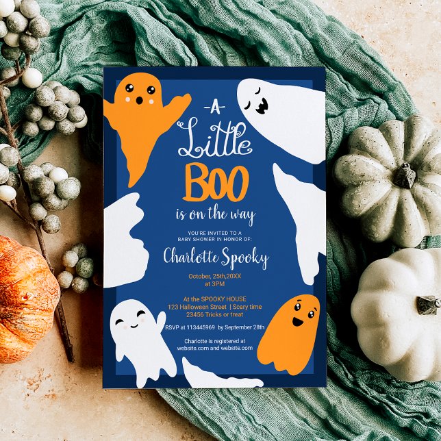 Convites Chá de fraldas de fantasmas laranja (Halloween little boo orange ghosts baby shower invitation)