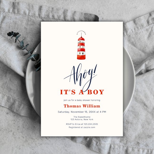 Convites Chá de fraldas de Farol Náutico Moderno (Modern Nautical Lighthouse Baby Shower Invitation)