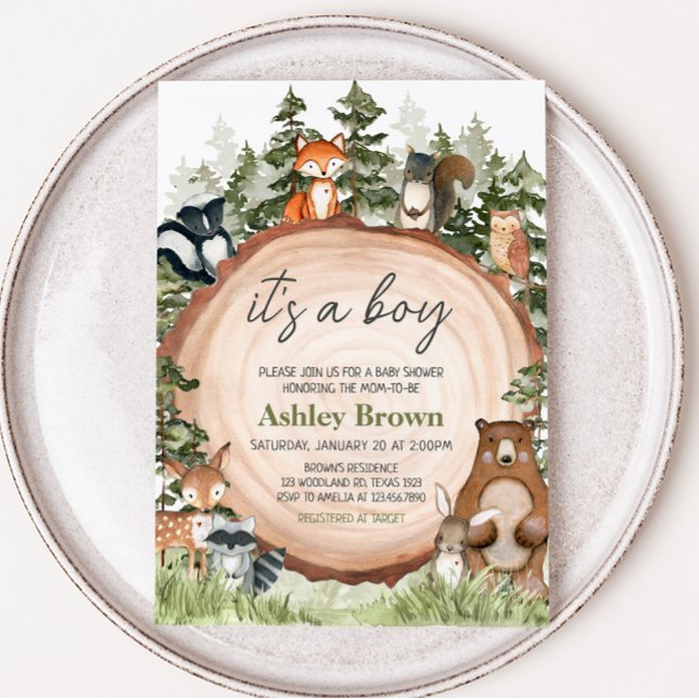 Convites Chá de fraldas de Fatia de Madeira Animais da Flor (Boy Woodland Animals Baby Shower Invitation)