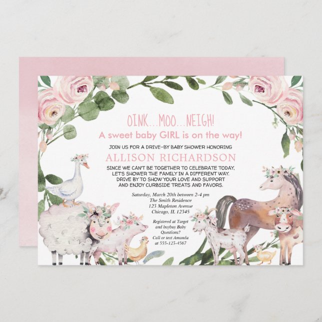 Convites Chá de fraldas de Fazenda de animais da Barnyard (Frente/Verso)