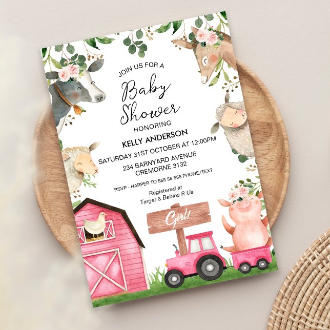 Convites Chá de fraldas de Fazenda de Tritor Rosa (Girls Farm Baby Shower Invitation Farmyard Barnyard Farm Animals Girls Baby Shower Invite Floral)