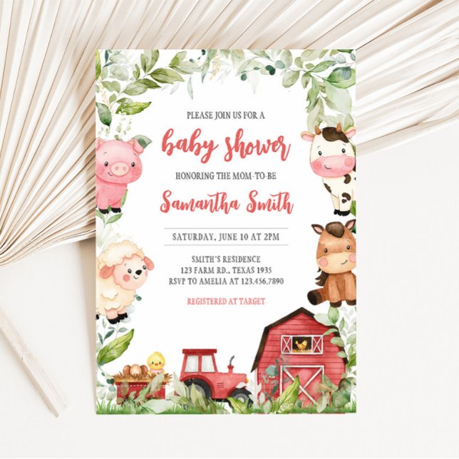 Convites Chá de fraldas de Fazenda Red Barnyard (Boy Red Barnyard Animals Baby Shower Invitation)