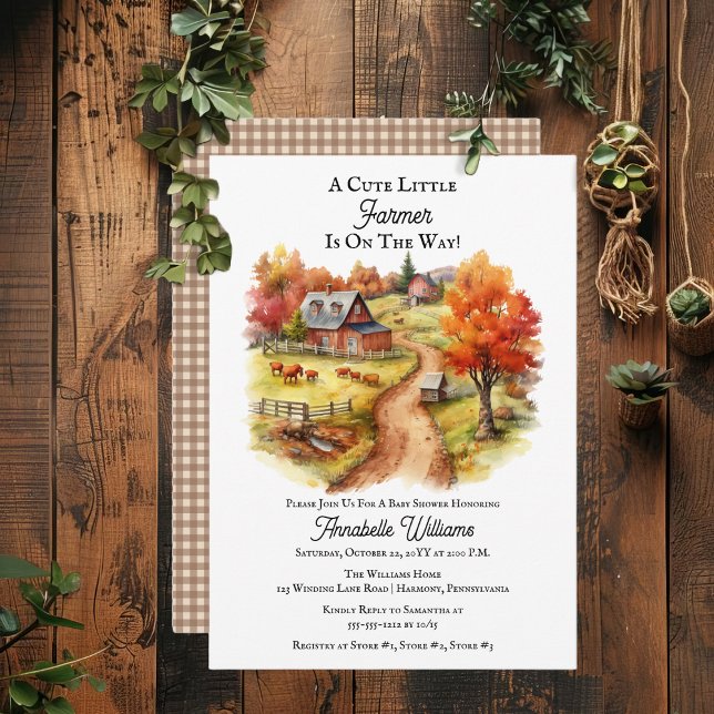Convites Chá de fraldas de fazendeiro russo-cômoda ("A Cute Little Farmer Is On The Way!" Country Rustic Barnyard Autumn Scene Baby Shower Invitation)
