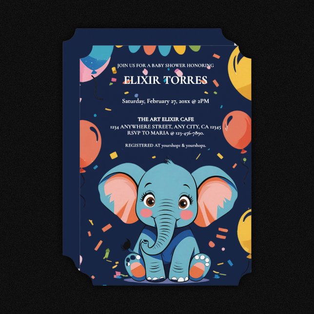 Convites Chá de fraldas de Festa de Elefante para Bebê Azul (Criador carregado)
