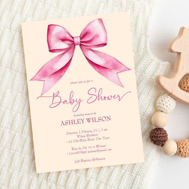 Convites Chá de fraldas de fita de arco rosa elegante (Pink bow ribbon baby shower cute elegant invitation template digital download vintage bow blush pink)