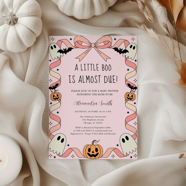 Convites Chá de fraldas de Fita de Coquetes do Pequeno Boo  (Little Boo Halloween Coquette Ribbon Baby Shower – Spooky Cute Ghost & Pink Bow Girl Show)