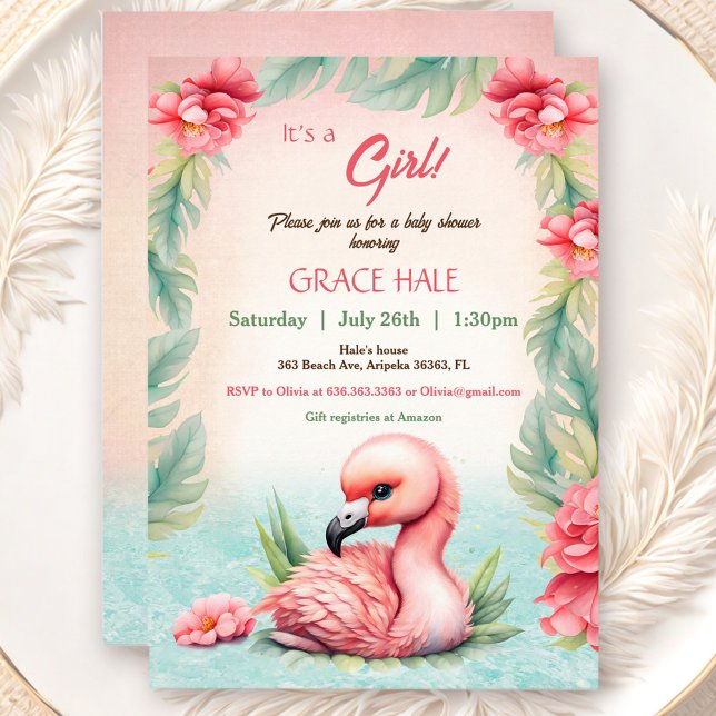 Convites Chá de fraldas de Flamingo, Rosa Tropical de Verão (Tropical Summer Pink Flamingo Girl Baby Shower Invitation)