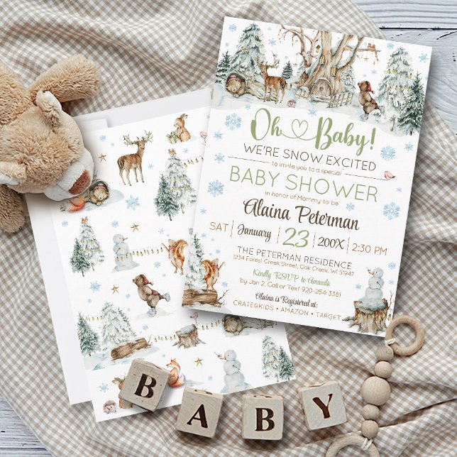 Convites Chá de fraldas de flocos de neve de animais de inv (Cute Winter Woodland Friends Forest Animals Oh Baby We're Snow Excited Snowflake baby shower invite)