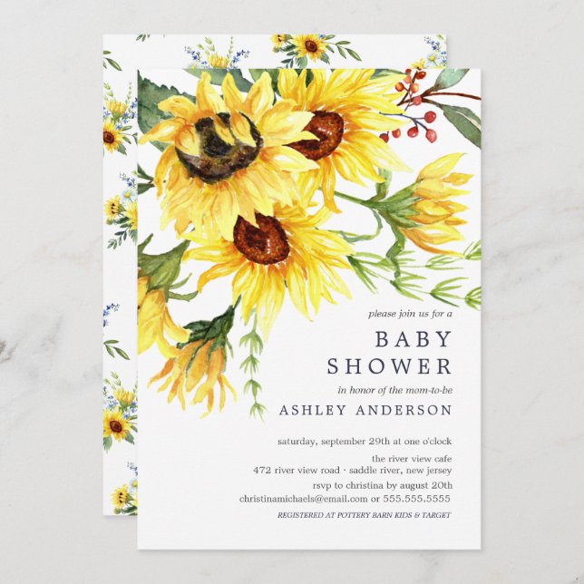 Convites Chá de fraldas de Flor Amarelo e Cheio (Frente/Verso)