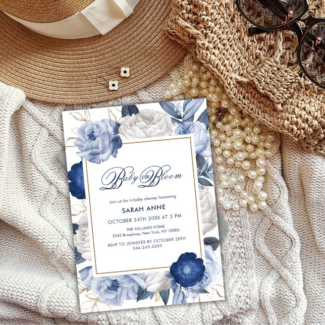Convites Chá de fraldas de Flor Azul e Branco Elegante (Elegant Blue & White Flower Baby Shower Invitation)