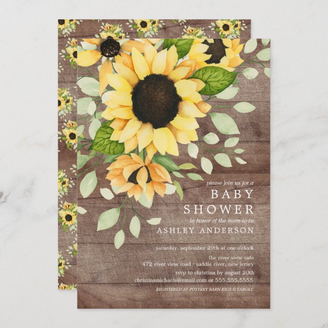Convites Chá de fraldas de Flor de Girassol de outono russo (Frente/Verso)