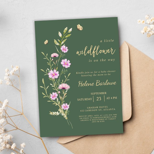 Convites Chá de fraldas de Flor Floral Verde (Green Elegant Floral Little Wildflower Baby Shower Invitation)