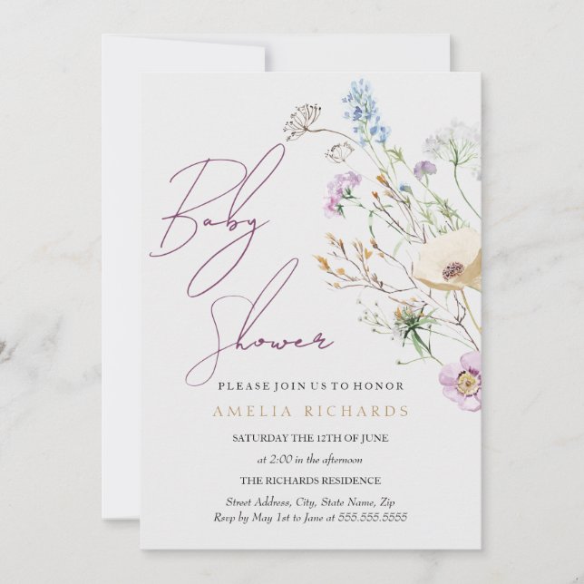 Convites chá de fraldas de flor selvagem (Frente)