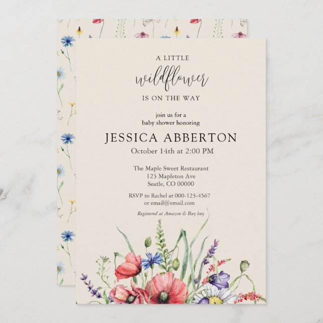 Convites Chá de fraldas de flor selvagem (Frente/Verso)