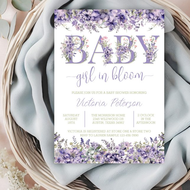 Convites Chá de fraldas de flor selvagem (Pretty purple lavender watercolor wildflower baby in bloom invitation with floral text.)
