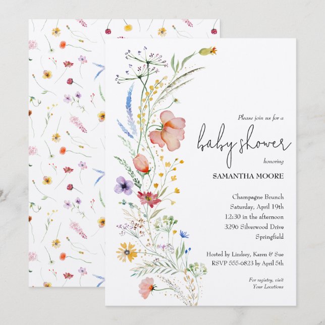 Convites Chá de fraldas de flor selvagem (Frente/Verso)