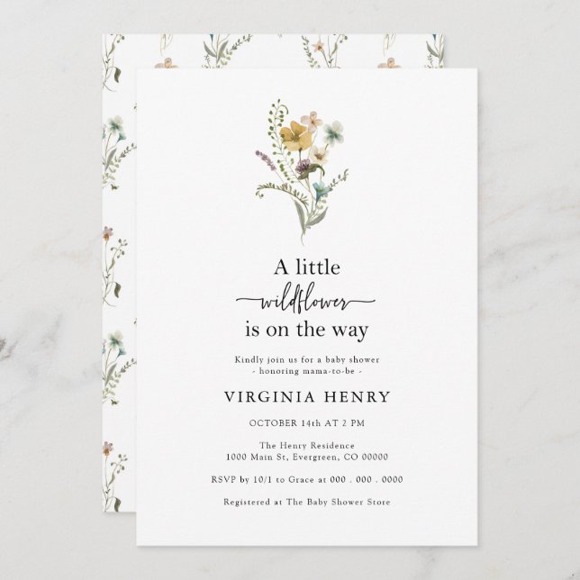 Convites Chá de fraldas de flor selvagem (Frente/Verso)