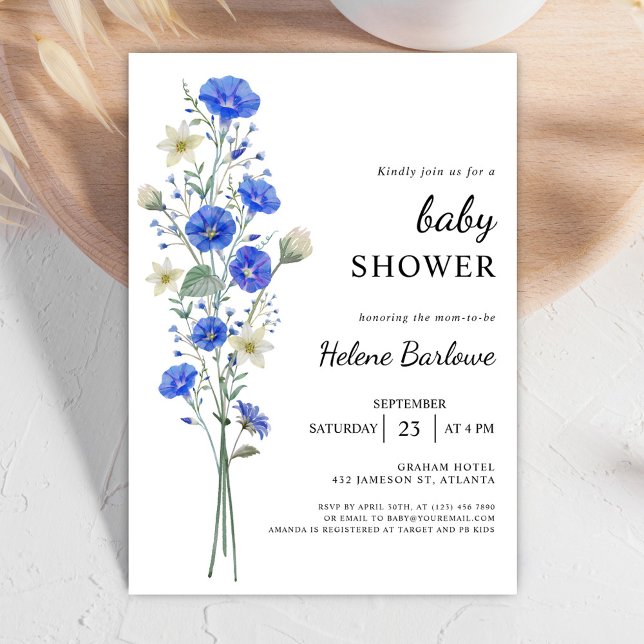 Convites Chá de fraldas De Flor Selvagem Azul E Branco (Blue And White Elegant Wildflower Baby Shower Invitation)