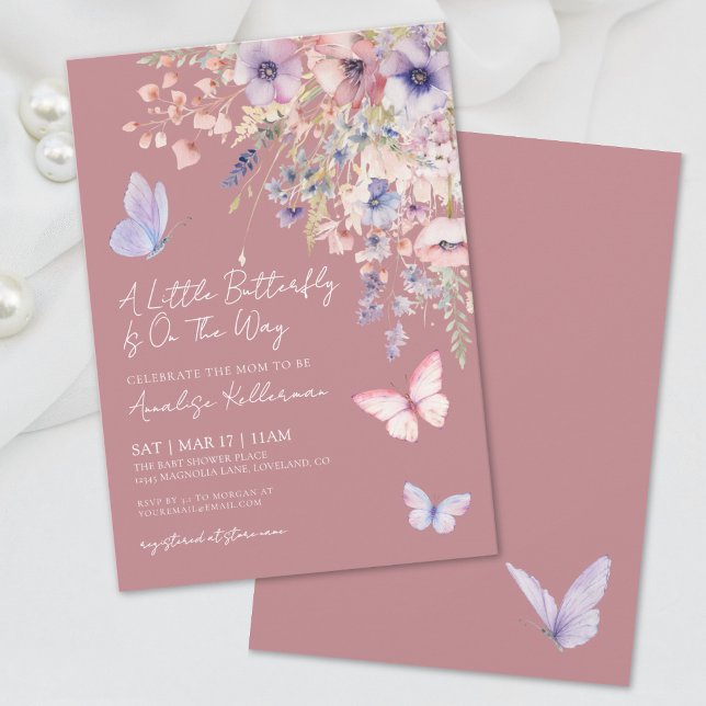 Convites Chá de fraldas de flor selvagem da borboleta Elega (Elegant Butterfly Wildflower Baby Shower Invitation)