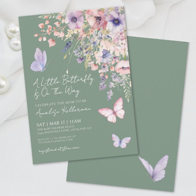 Convites Chá de fraldas de flor selvagem da borboleta verde (Sage Green Butterfly Wildflower Baby Shower Invitation)
