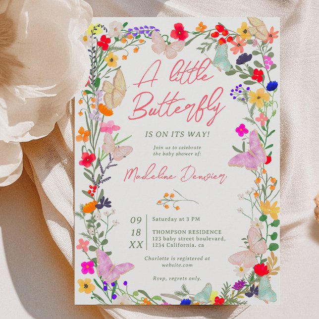 Convites Chá de fraldas de flor selvagem de borboleta Boho (Boho butterfly meadow wildflower baby shower invitation)