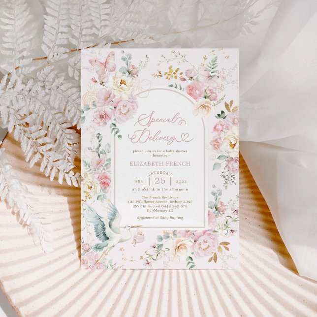 Convites Chá de fraldas de Flor Selvagem de Caça Rosa Blush (Criador carregado)