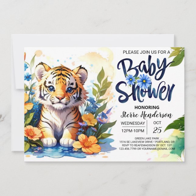 Convites Chá de fraldas de flor selvagem de Tiger Cub (Frente)