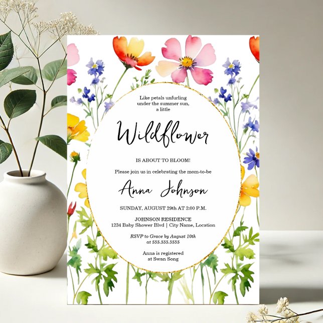 Convites Chá de fraldas de flor selvagem florescente (Elegant blooming wildflower baby shower invitation front view)