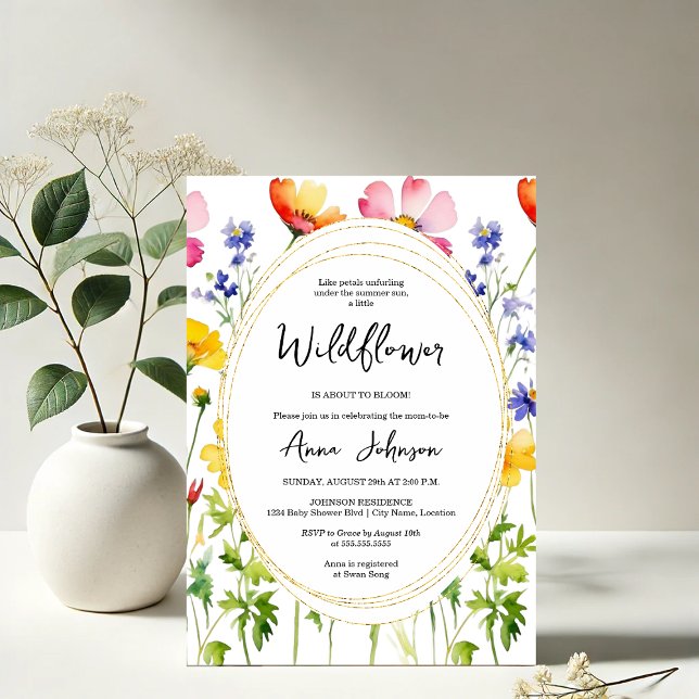 Convites Chá de fraldas de flor selvagem florescente (Elegant blooming wildflower baby shower invitation front view)