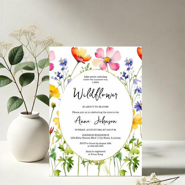 Convites Chá de fraldas de flor selvagem florescente (Elegant blooming wildflower baby shower invitation front view)
