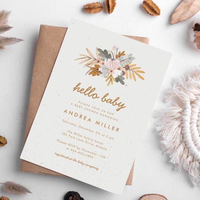 Convites Chá de fraldas de flor selvagem neutro de boho (Boho wildflower baby shower invitation perfect for fall baby showers.)