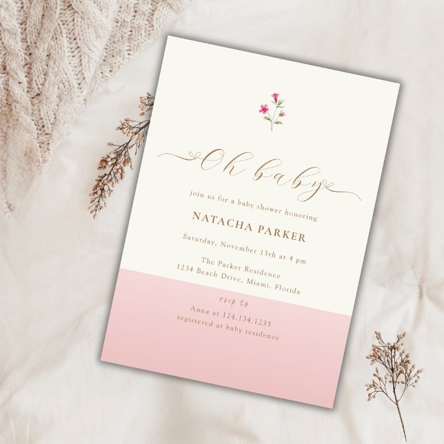 Convites Chá de fraldas de flor selvagem rosa-mínimo modern (Modern Minimalist Pink Wildflower Baby Shower Invitation)