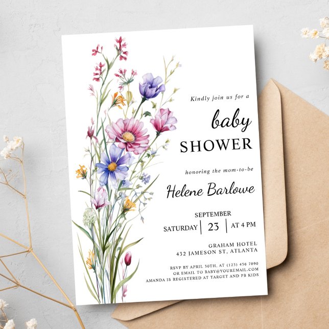 Convites Chá de fraldas de flor selvagem Rustic Boho Floral (Rustic Boho Floral Boy Girl Wildflower Baby Shower Invitation)