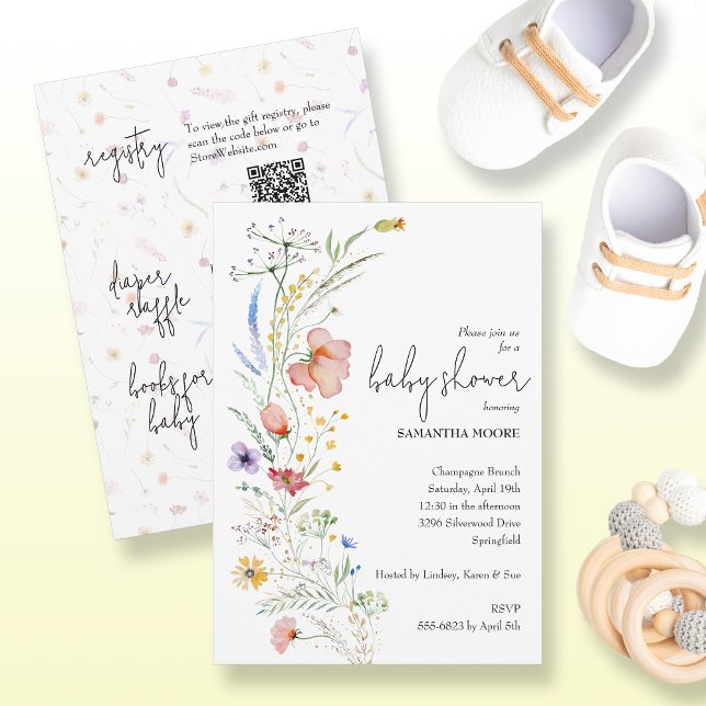 Convites Chá de fraldas De Flor Selvagem Tudo Em Um (Wildflowers baby shower all in one invitations - PRINTED and/or INSTANT DOWNLOAD)