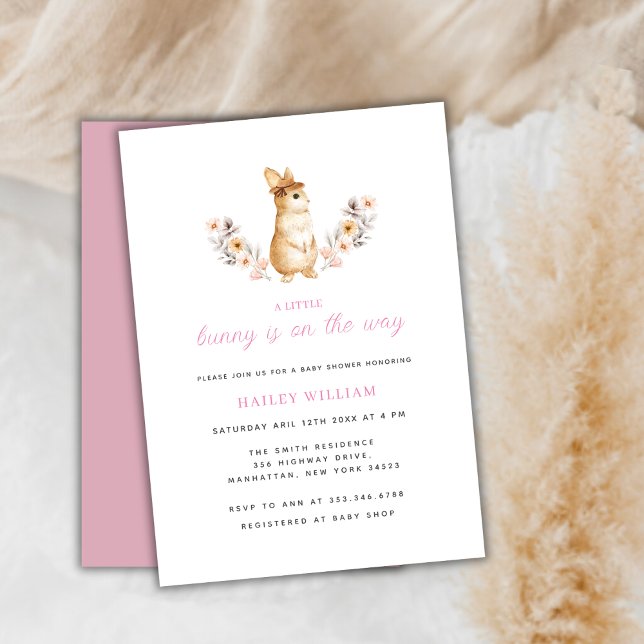 Convites Chá de fraldas de flor silvestre, de cor rosa, (Pink Whimsical Bunny Wildflower Baby Shower Invitation)