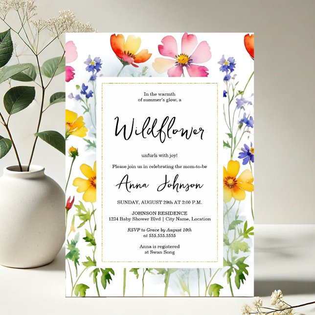 Convites Chá de fraldas de floração selvagem (Vibrant and elegant blooming wildflower baby shower invitation front view)