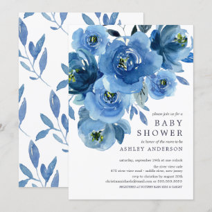 Convites Chá de fraldas de Flores Azuis de Aquarela
