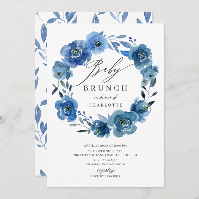 Convites Chá de fraldas de Flores Azuis de Aquarela Brunch (Frente/Verso)